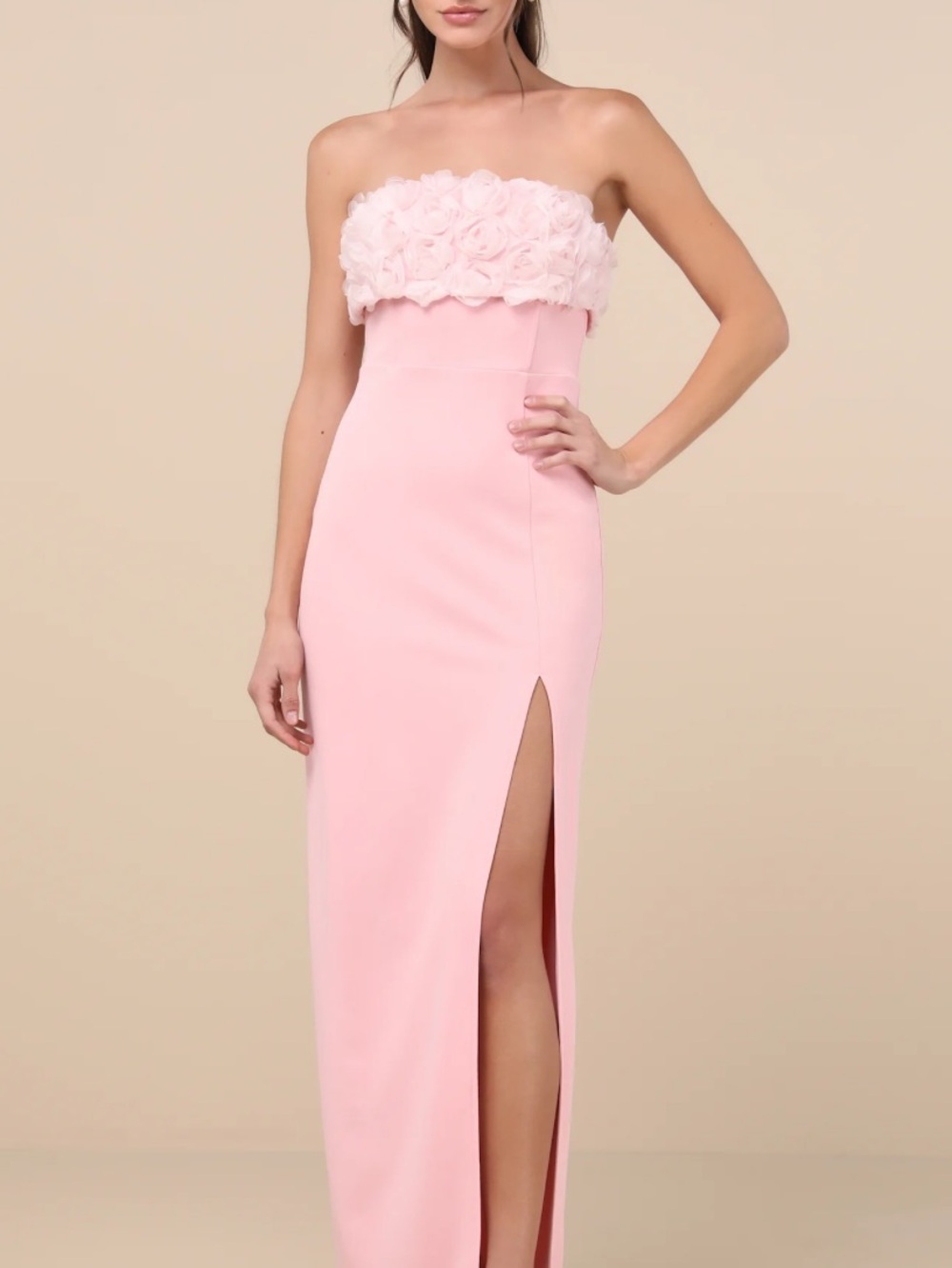 New Lulus Fiore 3D Strapless Pink Floral Bodice Maxi Fitted Evening Gown Sz XS